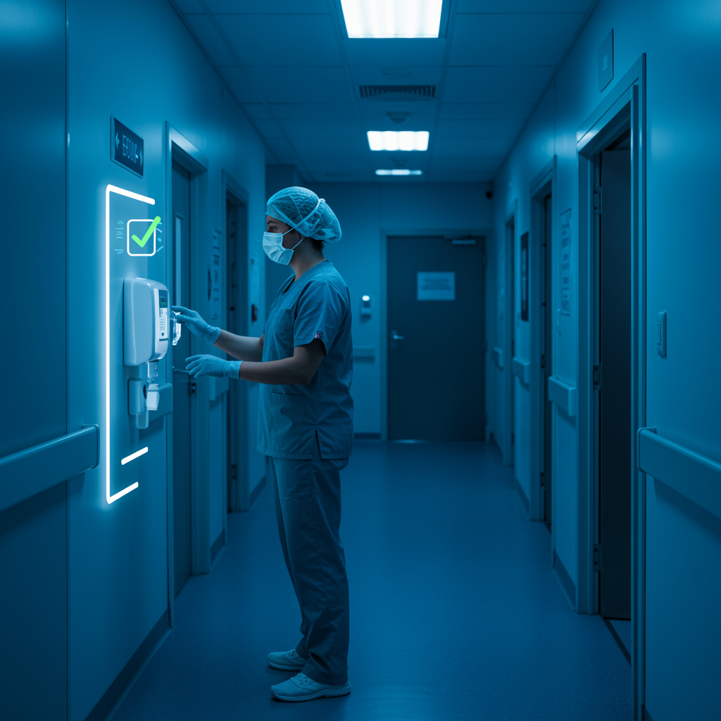 ClinicFlow AI discreetly monitoring a healthcare staff area