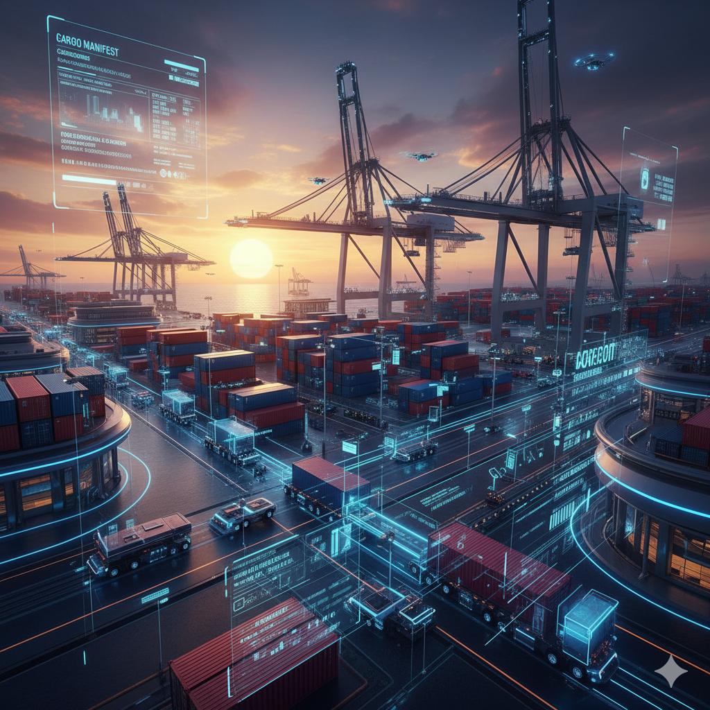 AI analysis of a busy shipping port and customs yard